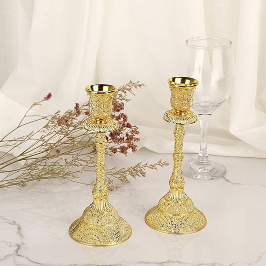 OwnMy Set of 2 Taper Candle Holders Vintage Metal Pillar Candlestick Holders 7.4”, Elegant Brass Candle Stick Holders Decor Candelabra Set for Dining Table Centerpieces Wedding Home Decoration, Gold