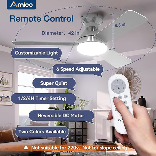 Amico Ceiling Fans with Lights, 42 inch Low Profile Ceiling Fan with Light and Remote Control, Flush Mount, Reversible, 3CCT, Dimmable, Noiseless, Nickel Ceiling Fan for Bedroom, Indoor/Outdoor Use
