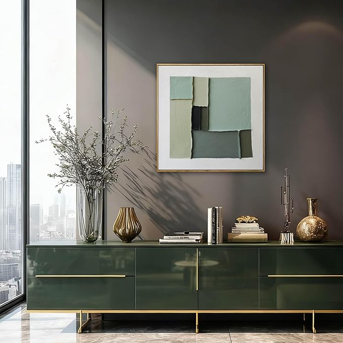 LEVERUP Square Geometric Painting Pictures Green Abstract Wall Artwork Modern Wall Decorations for Living Room Bedroom 24×24 Inch Office Canvas Photos