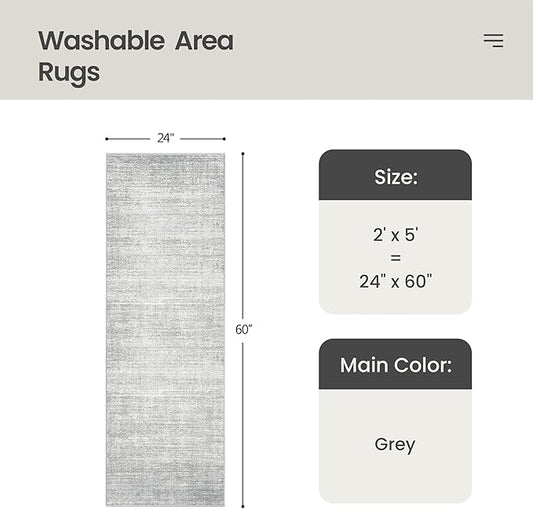 Valenrug Washable Rugs 2x5 - Stain Resistant 2x5 Area Rugs for Living Room, Non Slip Backing Large Area Rugs for Bedroom, Folable Machine Washable Area Rug (2'x5', Grey)