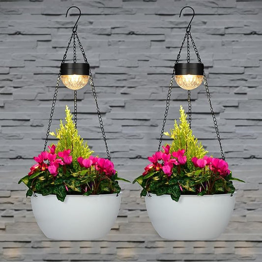BAYN 2 Packs Solar Hanging Basket Planters for Plants Outdoor, Self Watering White Flower Plants Pots with Solar Light Drainer for Balcony Patio Garden Outdoor Decoration