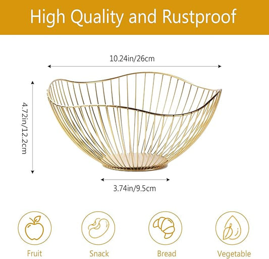 2-Pack Kitchen Countertop Fruit Baskets – Sturdy Metal Wire Rack, Multi-Purpose Tabletop Storage Tray for Fruits, Vegetables, Bread, and Household Items (Gold)