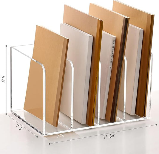 SANRUI Acrylic Magazine Holder Desk Organizer Workspace Sorters,Clear Bookend File Sorter Holder,Folder Rack, Office Accessories Organization Storage with 4 Vertical Compartments
