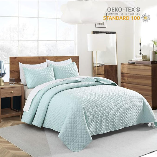 HORIMOTE HOME Quilt Twin Size Aqua Blue, Lightweight Quilt for Summer Ultra-Soft Microfiber Modern Style Quilted Clouds Pattern Bedspread Quit Set 2 Pieces (1 Quilt and 1 Pillow Sham)