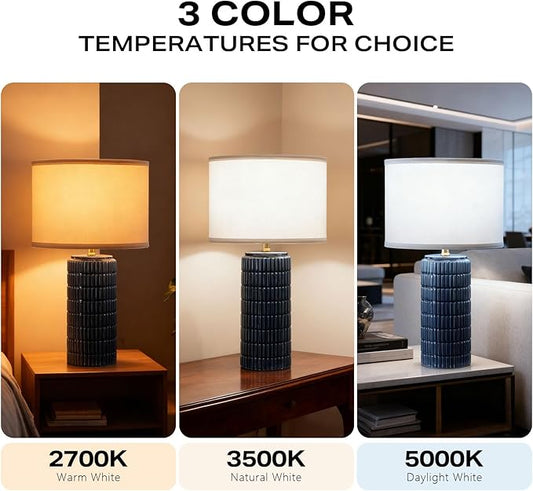Modern Ceramic Table Lamp Set of 2, Bedside Lamp for Bedroom Decor, Nightstand Lamp with 3 Color Temperatures, Desk Light for Living Room Dorm Office, Blue