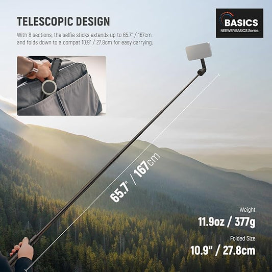 NEEWER Basics 5.48' Magnetic Selfie Stick Tripod Compatible with MagSafe iPhone Android, Portable Travel Cell Phone Stand with Remote, One Button Unfold for Vlog Video Recording Streaming, PA989