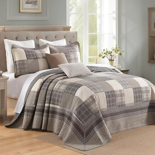 EWlinens 120"x120" Oversized King Bedspread - 100% Cotton Lightweight California King Bedspreads Coverlet Set, Farmhouse Patchwork Plaid Reversible Quilts Bedding Set, 3pcs, Brown/Beige/Khaki
