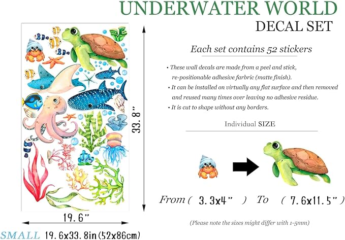 Watercolor Ocean Animals Wall Decal - Cartoon Underwater Fun with Turtle, Whale, and Octopus, Removable Reusable Peel-and-Stick Fabric Stickers for Kids' Room Décor(Small)