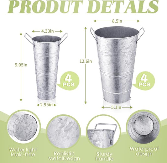 Chumia 8 Pcs Galvanized Flower Buckets Bulk 12.6 Inch and 9 Inch DIY Bouquet Bar Supplies Table Decor Vase Wedding Tall Metal French Cut Planter Rustic Vintage Centerpiece Farmhouse Florist