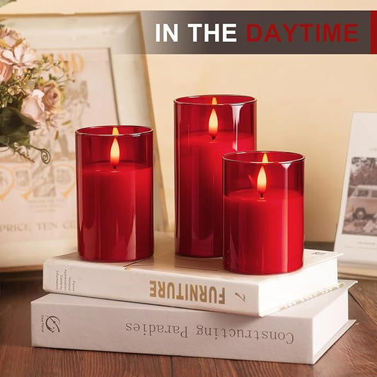 Tyawon Glass Battery Operated LED Flameless Candles with Remote and Timer, Real Wax Candles Warm Color Flickering Light for Festival Wedding Home Party Decor(Pack of 3)-Red