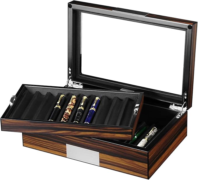 Pen Display Box Ebony Wood Display Case with Glass Window and Tray - Holds Up to 20 Pens