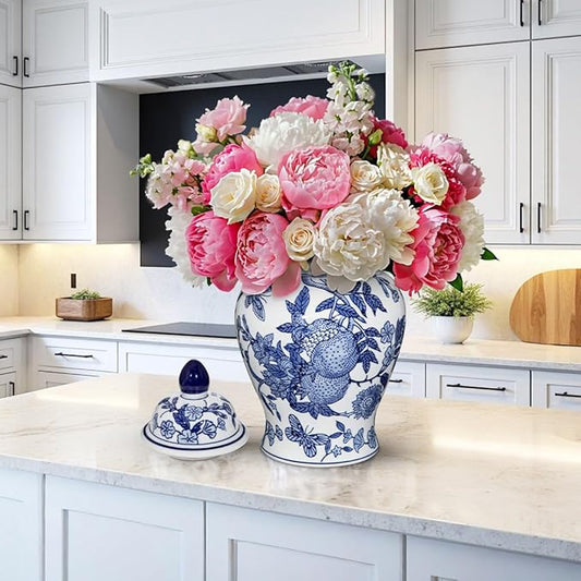 Blue and White Vase Ginger Jar - 12" Chinoiserie Decor Large Ginger Jar Blue & White Porcelain Flower Ceramic Covered Jars with Lid Chinoiserie Decorative Vase for Home Room Office Centerpieces