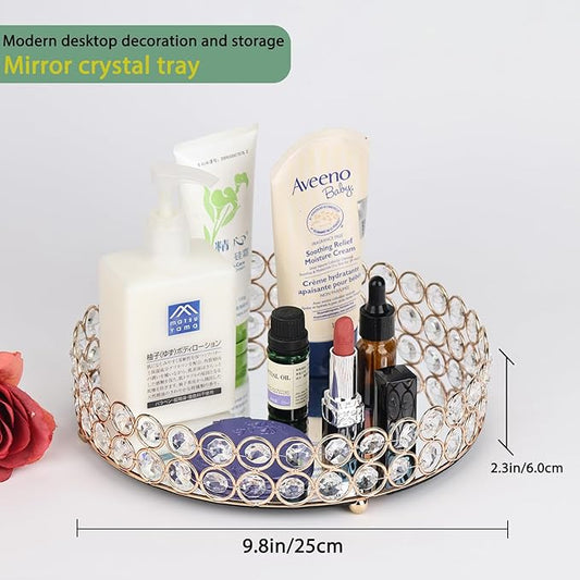 Elegant Gold Crystal Mirror Perfume Tray for Vanity, Coffee Table, and Home Decor - Small Glass Tray for Jewelry, Perfume, and Decorative Items - Bandeja para Perfumes, Perfume Trays for Dresser