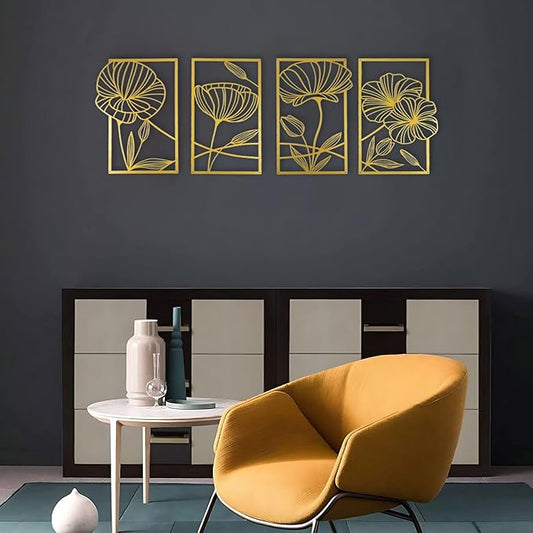 ESTART 4 Pieces Metal Lotus Wall Decor Abstract Floral Aesthetic Splicing Line Art Minimalist Wall Decor for Bedroom Flowers Hanging Wall Sculpture for Living Room Kitchen Office and Yoga Room (Gold)