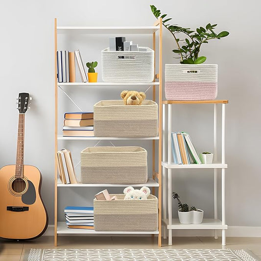 COMFY-HOMI 3 pcs Large Storage Baskets for Shelves, Laundry Basket, Woven Rope Basket, Closet Organizer Bins for Clothes Blanket Towels, Baby Nursery, Gift Toy Baskets, 17” x 13” x 7.5”-Beige Brown