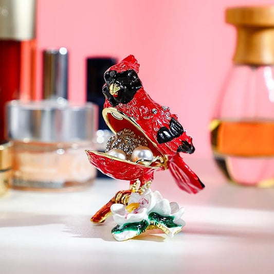 YU FENG 3.1inch Cardinal Bird on a Branch Trinket Box Animal Enamel Jewelry Trinket Box Small Hinged Trinket Boxes Bird Figurine Ring Box Christmas Gift for Daughter Girl