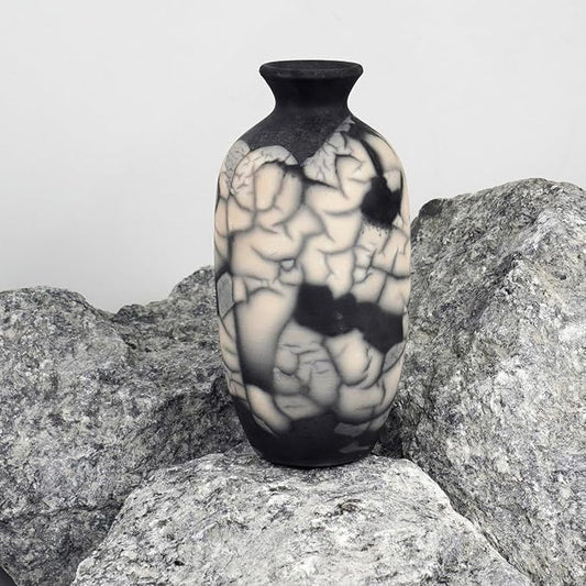RAAQUU Koban 7 inch Raku Ceramic Clay Pottery Vase - Smoked Raku Raku Pottery with Water Tube Gifts for her mom, Boho, Wedding Gift, Home Decor