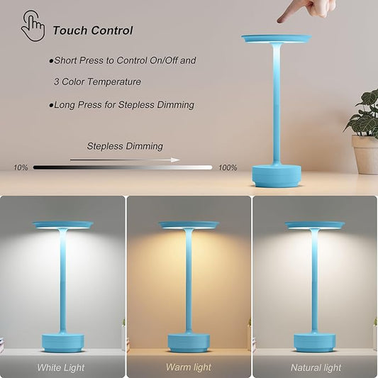 1 Pack Rechargeable Cordless Table Lamps, Portable 5000mAh Outdoor Table Light, 3 Color Stepless Dimming LED Table Lamp with Memory Function, for Home/Dinner/Patio/Restaurant.(Blue)