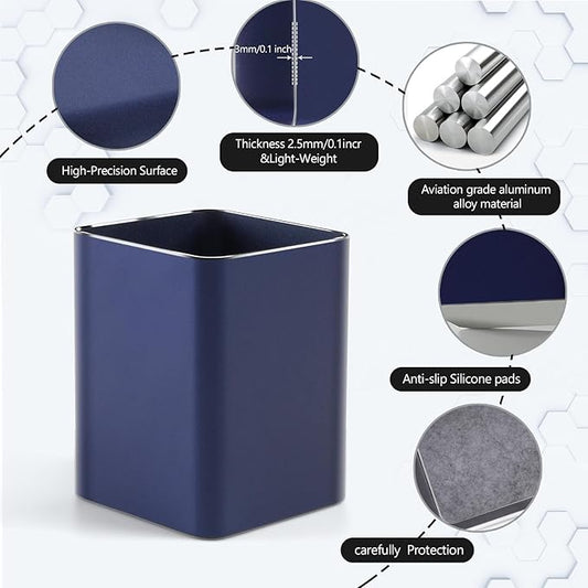 RQB Metal Pen Holder for Desk Square Aluminum Desktop Organizer and Makeup Brush Holder Storage Box for Office, School, Home, and Kids, Non-slip silicone 4×3.15inch (Blue)