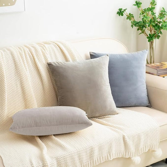 HWY 50 Silver Gray Velvet Throw Pillow Covers 18x18 Inch, Pack of 2 Soft Cozy Solid Decorative Luxury Cushion Cases for Couch Sofa Bed Living Room Bedroom