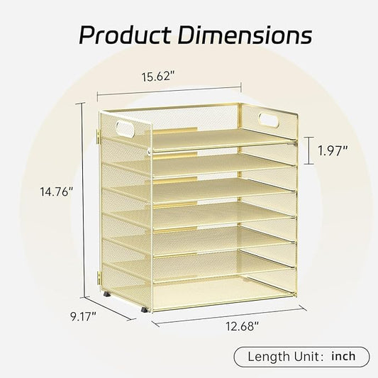 7 Tier Paper Organizer - Mesh Desktop File Holder with Handles for Office School Desk (Gold)