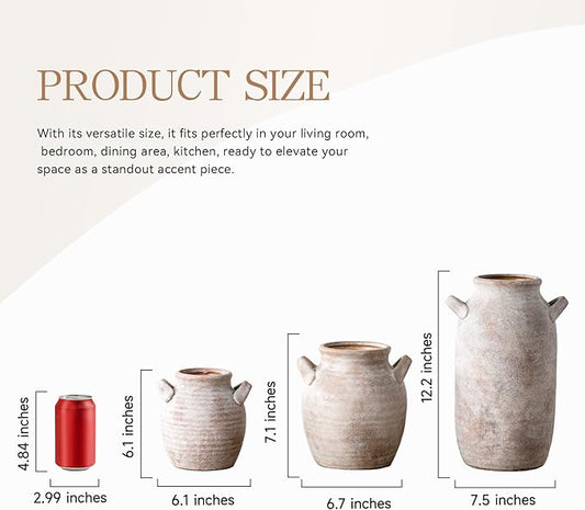 Ceramic Flower Vase Home Decor - Farmhouse Table Vases with Handle Living Room Decoration Vintage Decorative Aesthetic for Shelf Coffee Dining Desk House Bookshelf Fireplace (6" Rustic)