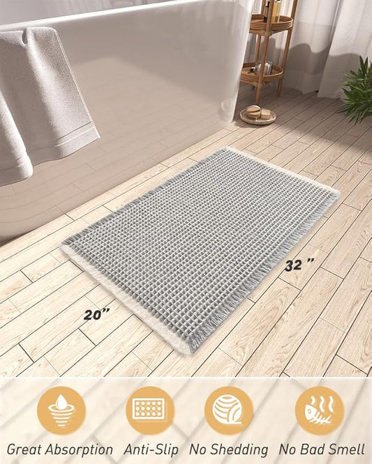 Upgraded Waffle Bath Mat, Super Absorbent Non Slip Bath Mats for Bathroom Floor, Machine Washable Bathroom Rugs with Tassels, Rubber Backed Bathroom Mats, Ultra Soft, 20" x 32",LightGrey & Cream