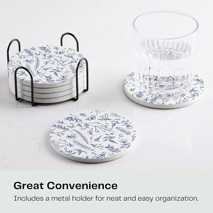 Set of 6 Floral Blue and White Coasters with Holder, Absorbent Ceramic Drink Coasters with Cork Backing for Table Protection, Coffee Table Décor
