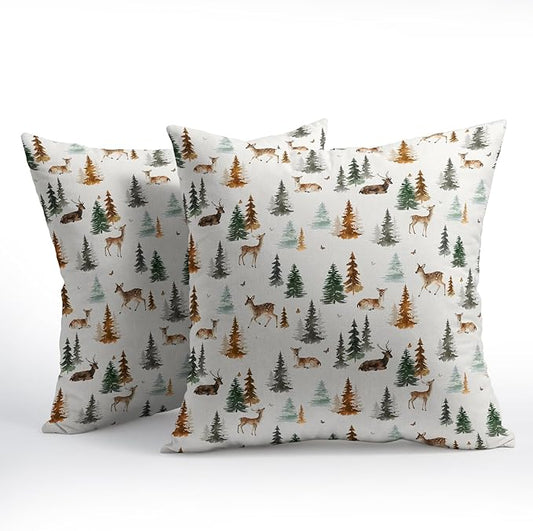 Watercolor Deer Spring Pillow Covers 20x20 Set of 2 Forest Tree Throw Pillow Covers Rustic Pillowcase Linen Decoration Farmhouse Soft Decorative Green Brown Cushion Case Couch for Indoor Home Decor