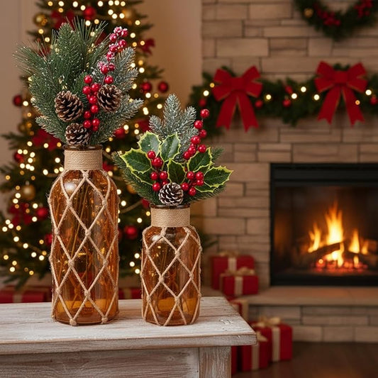 Chuangdi Set of 2 Coastal Glass Vases Christmas Vases for Flowers with Boho Rope Christmas Centerpieces for Tables Small Beach Bottle for Nautical Wedding Floral Arrangement Decorations(Amber)