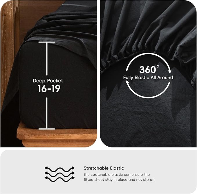 MooMee Bedding Sheet Set 100% Washed Cotton Linen Like Textured Breathable Durable Soft Comfy (Solid Black, King)