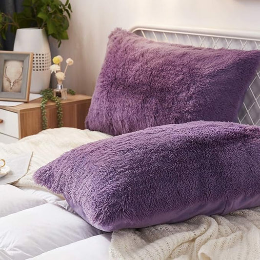 Uhamho Set of 2 Standard Pillowcases Faux Fur Throw Pillow Covers Queen Size Shams Soft Velvet Decorative Zipper Closure (Purple, 20"x26")