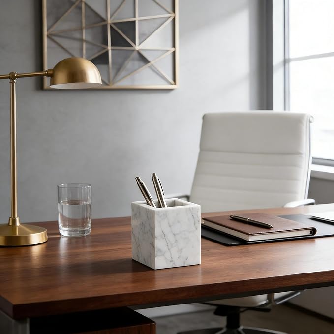 Marble Pen Holder, White Stone, Rectangular Desktop Organizer for Office Study (white)