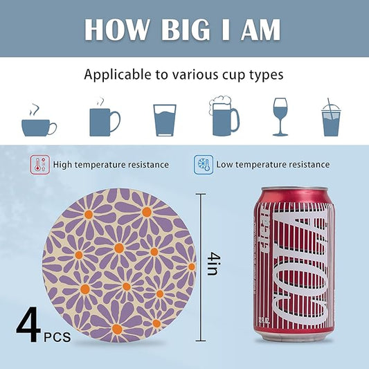 Drink Coasters Set of 4,Retro Groovy Flowers Abstract Daisy Flower Coasters for Drinks Ceramic Coasters with Cork Bottom for Kinds of Mugs and Cups,Home Decor,4''