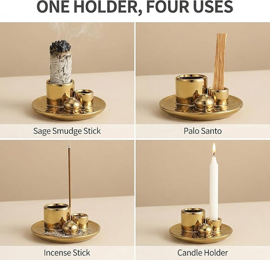 Handmade Ceramic Incense Burner for Palo Santo Incense Sticks, 4 in 1 Multi-Purpose Sage Holder for Burning, Ash Catcher Tray for Meditation Yoga Room (Golden)