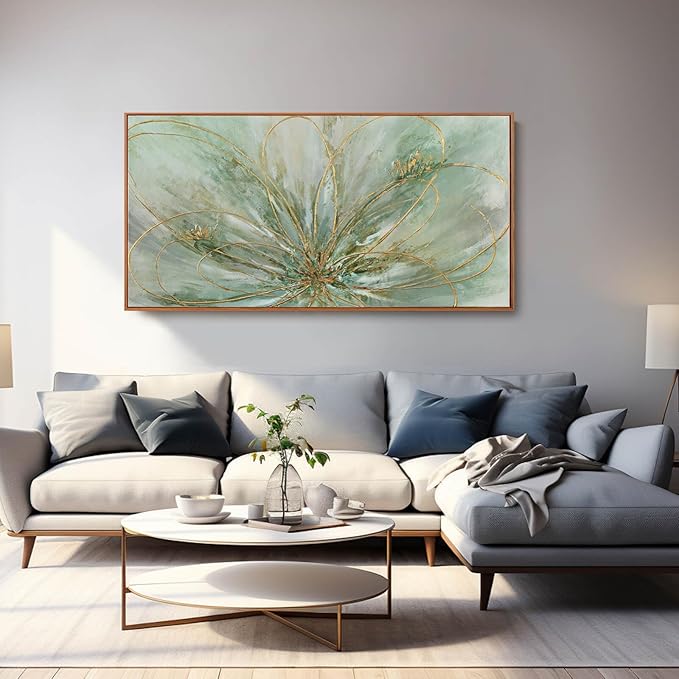 YJYart Green Abstract Floral Canvas Wall Art – 24"x48" Large Office Decor