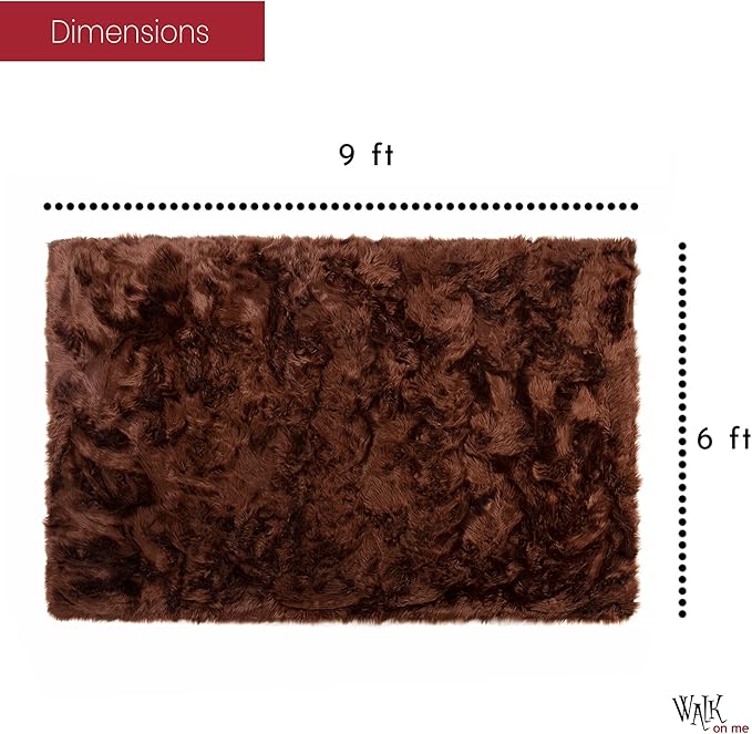 Silky Soft Faux Fur Rug, 6 ft. x 9 ft. Brown Fluffy Rug, Sheepskin Area Rug, Rectangle Rug for Living Room, Bedroom, Kid's Room, or Nursery, Home Décor Accent, Machine Washable with Non-Slip Backing