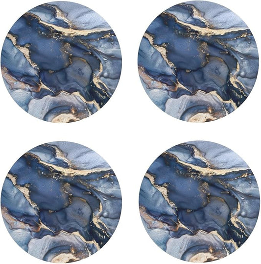 Navy Blue Marble Abstract Coaster Set of 4 Stone Texture Cup Coasters for Drinks Waterproof Wipeable PVC Round Coasters Mat for Coffee Beer Wine Outdoor Patio Table Bar Desk Seasonal Desk Decor