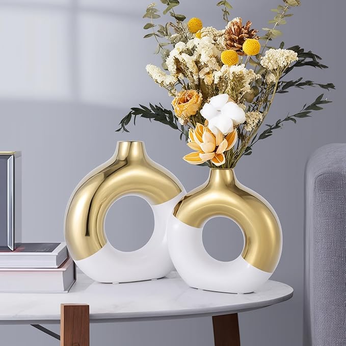 White and Gold Vase Decor Donut Vase Set of 2 - Circle Hollow Vases, Modern Matte Ceramic Vases for Entryway Living Room Bedroom Dining Table Centerpiece Office Home Decor