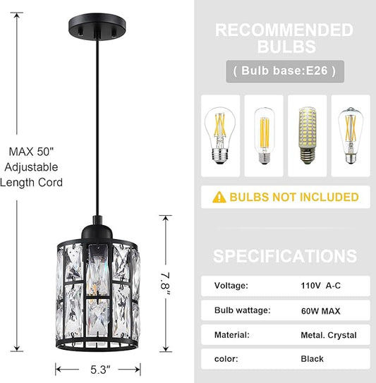 3 Pack 1 Light 5.3" Crystal Hanging Kitchen Island Pendant Light Black Finish,Concise Pendant Fixture Crystal Plate Metal Shade for Bar,Dining Room,Living Room Over Sink