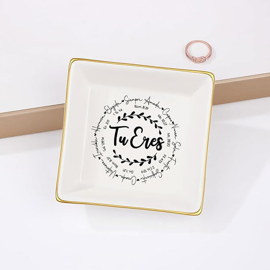 JoycuFF Christian Gifts for Girls Women Religious Ceramic Trinket Dish Tray for Womens Inspirational Faith Easter Catholic Christian Jewelry, Meaningful Communion Baptism Tu Eres