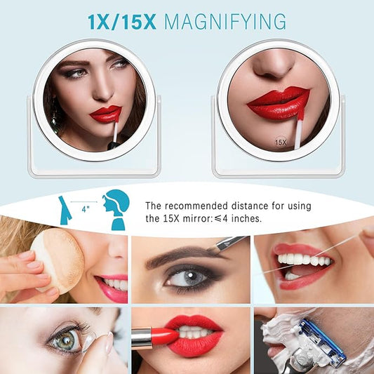 15X Vanity Mirror Makeup Mirror,1X/15X Magnification Double Sided Magnifying Mirror,360 Degree Swivel Desk Mirror,Portable Table Counter top Mirror for Bathroom Shaving Mirror,Gift for Women