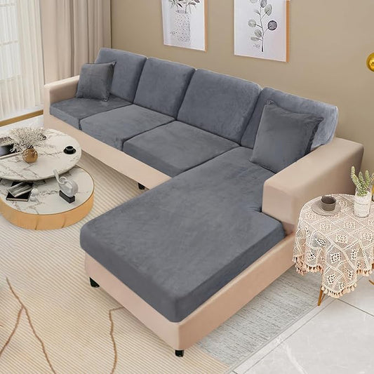 NAISI Sectional Couch Covers 8 Pieces Velvet Couch Cushion Covers L Shape Soft Stretch Sofa Slipcovers with 2pcs Pillowcases for Left/Right Chaise Sectional Couch(3 Seater+1 Chaise+4 Back,Dark Grey)