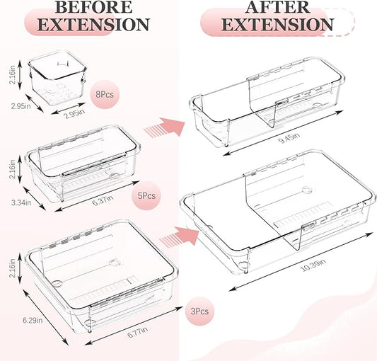 DILIBRA 16 Pcs Clear Extendable Drawer Organizer, Adjustable Drawer Storage 3-Size Desk Drawer Organizer, Plastic Non-Slip Storage Bins for Makeup, Cosmetic, Jewelries, Utensils, Stationery, Dressers