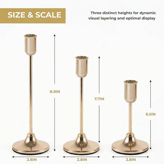 3 Pcs Gold Candlestick Holders Set - Vintage Brass Taper Candle Holder for Pillar Candles - Modern Decorative Centerpiece for Wedding Fireplace Mantel Decor - Cozy Atmosphere Housewarming Gift