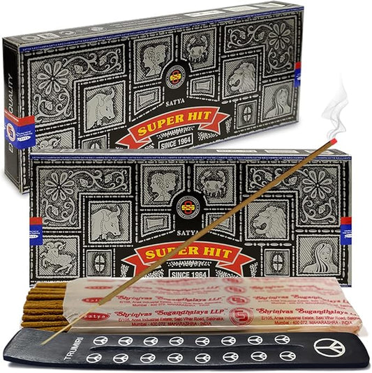 TRUMIRI Incense Stick Holder Bundle with Satya Super Hit 100g Incense Sticks - Pack of 2 (Approx 200 Sticks)