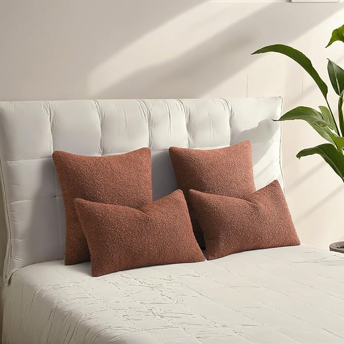 HAUSSY Set of 2 24x24 Decorative Throw Pillow Covers, Soft Cozy European Pillow Shams Textured Boucle, Home Decor for Couch Bed Living Room, Rust
