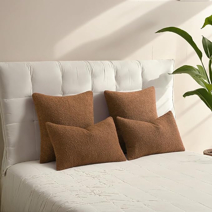 HAUSSY Set of 2 12x20 Decorative Throw Pillow Covers, Soft Cozy Textured Boucle Lumbar Pillow Cases, Home Decor for Couch Bed Living Room, Tobacco