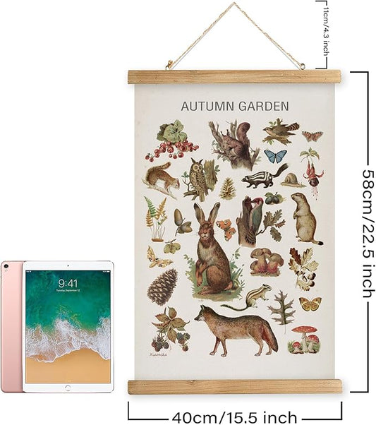 XIAOAIKA Autumn Garden Wildlife Poster - Vintage Illustrated Seasonal Fauna and Flora Chart with Wooden Frame - Educational Wall Art for Home, Classroom, or Nature Enthusiast 16 x 23 Inches