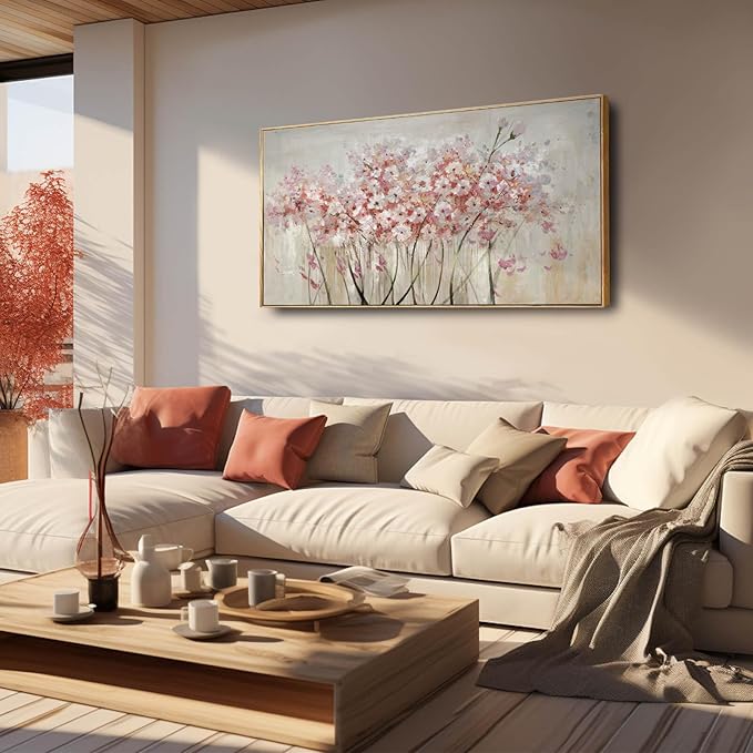 YJYart Floral Wall Art – Framed Beige Canvas, 24"x48" | Dining Room & Hotel Decor